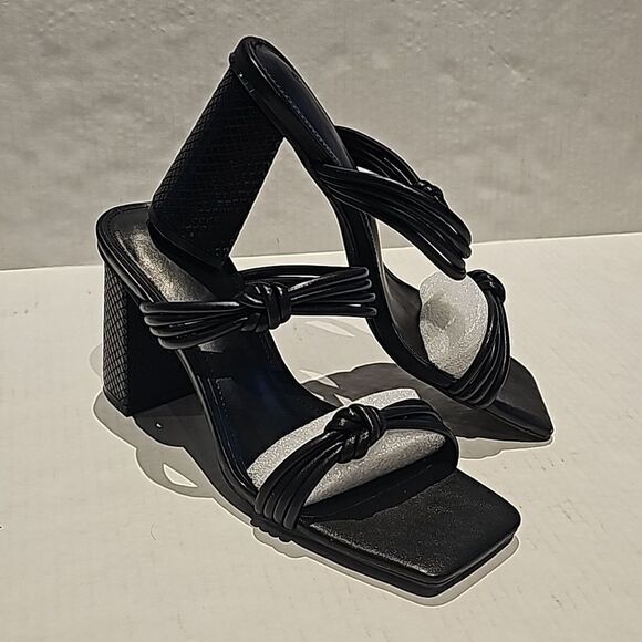 Black Square Open Toe Heeled Sandals Backless with Chunky Block Heel - Picture 6 of 8